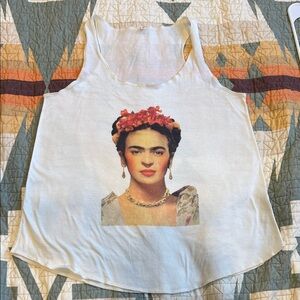 Women's White Tank Top with Floral Frida Graphic Portrait